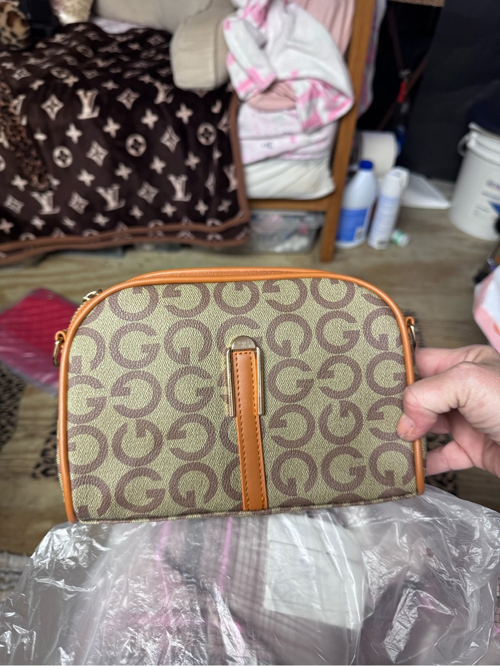 Beige and Brown Monogram Crossbody Bag with Tan Trim